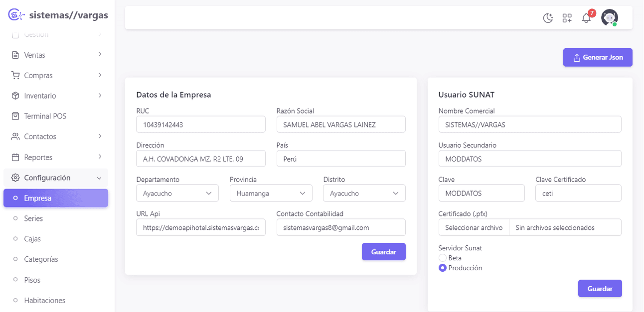 Interfaz mostrando listado de funcionalidades del sistema